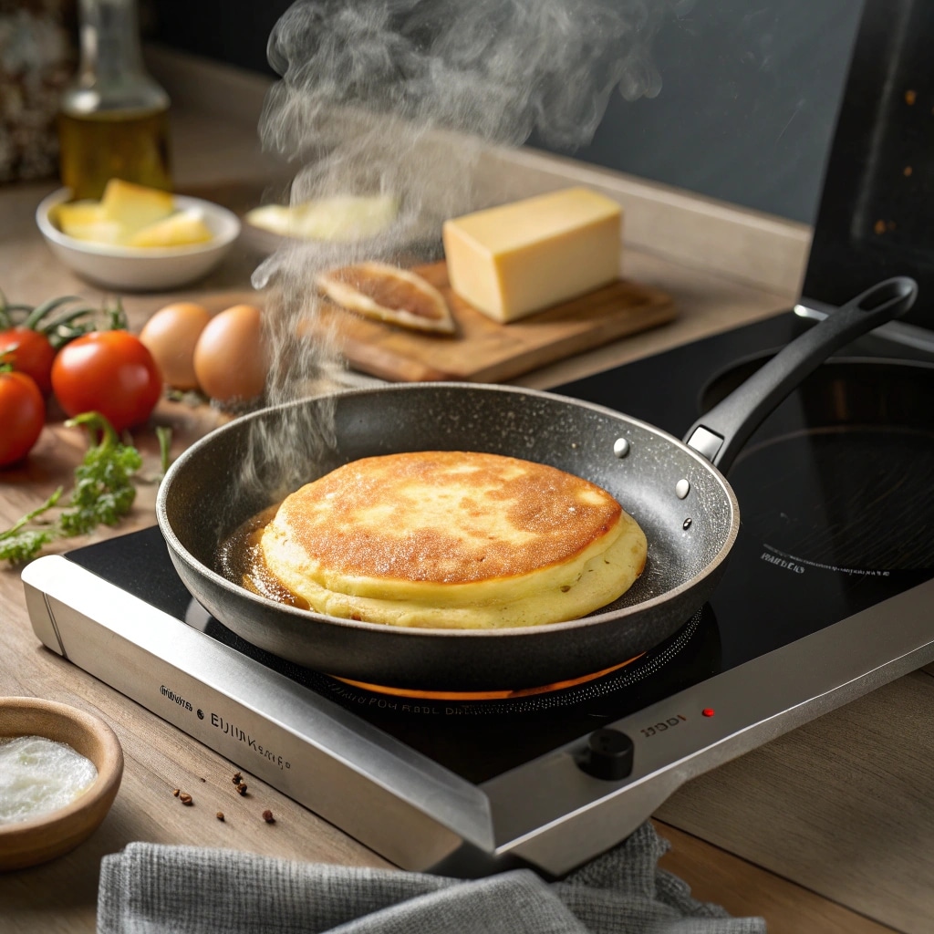 cooking-egg-and-cheese-pancake.jpg Egg and cheese pancake cooking in skillet