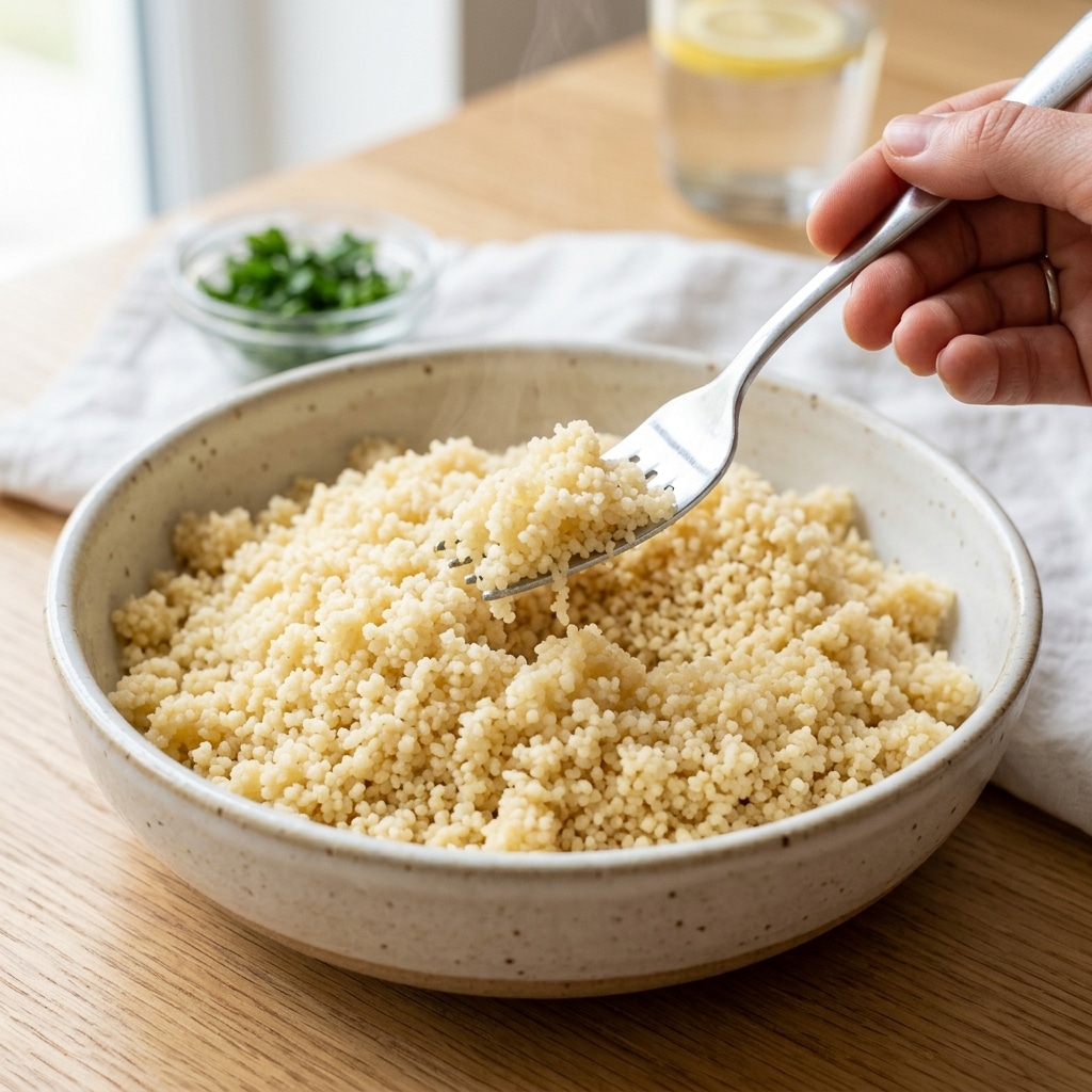 Fluffy couscous grains being fluffed with a fork in a bowl.