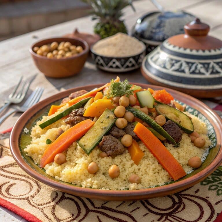 Moroccan couscous with vegetables and lamb on a serving platter