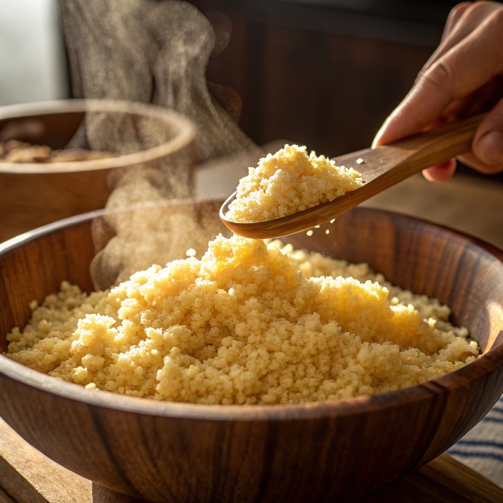 preparing-moroccan-couscous-grains.jpg Fluffing Moroccan couscous grains after steaming