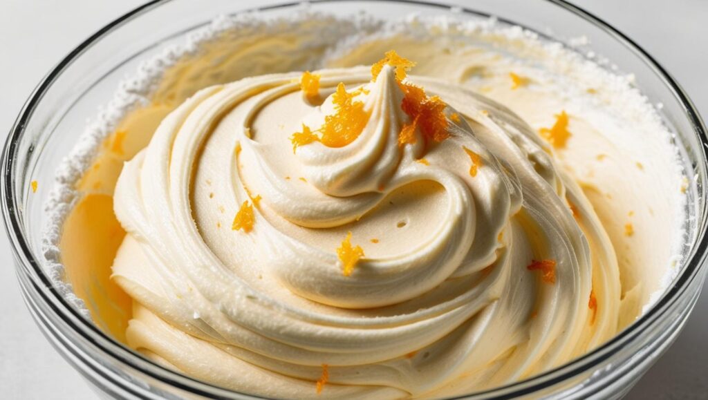 delight Orange Creamsicle Cake 3 A bowl of fluffy frosting being whipped with orange zest cream cheese butter powdered sugar and orange extract. Bright and creamy texture with visible flecks of zest - delight Orange Creamsicle Cake