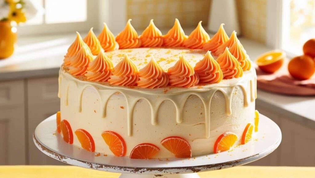 delight Orange Creamsicle Cake 4 A fully decorated Orange Creamsicle Cake with piped frosting swirls orange slices and zest on top. The cake is served on a cake stand with a summer kitchen in the background. 1 - delight Orange Creamsicle Cake