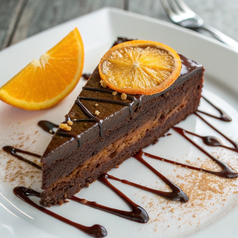 serving-chocolate-orange-cake.jpg Slice of Chocolate Orange Cake with orange wedge