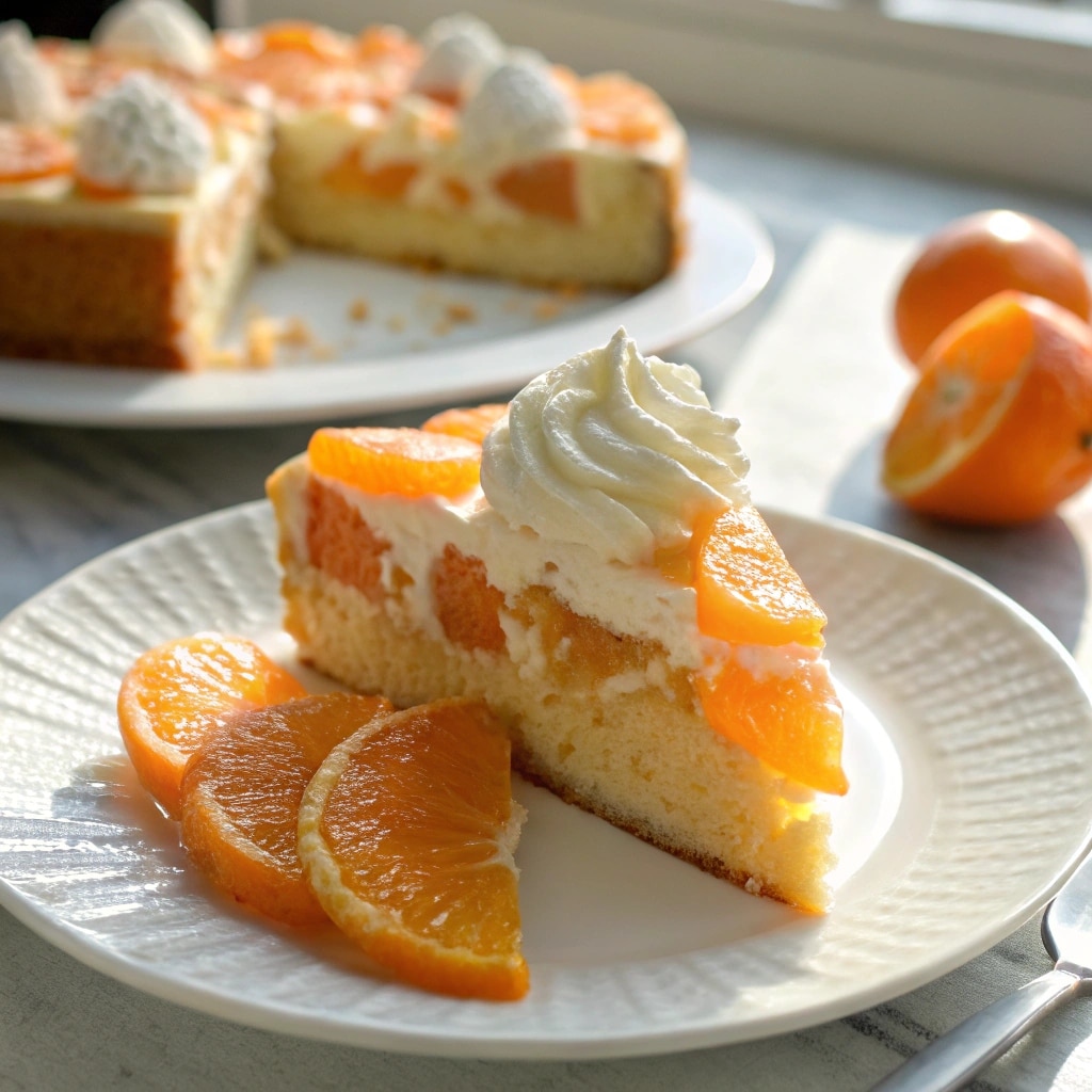 Citrus Orange Mandarin Cake Recipe – Moist, Zesty, and Delicious 6 Slice of citrus orange mandarin cake with whipped cream