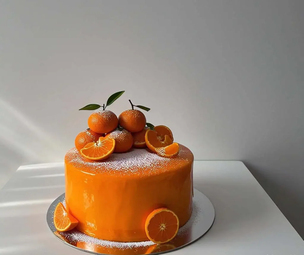 Citrus Orange Mandarin Cake Recipe – Moist, Zesty, and Delicious 5 A decorated Citrus Orange Mandarin Cake with glaze and fresh fruit