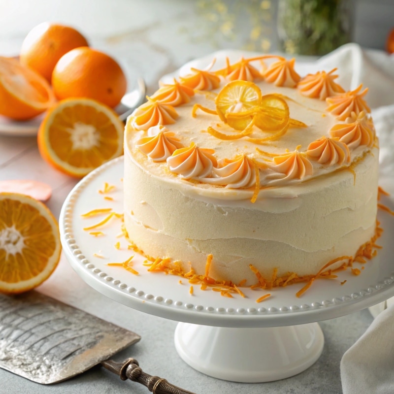 Frosted Orange Creamsicle Cake topped with orange zest and slices