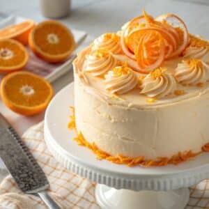 Frosted Orange Creamsicle Cake topped with orange zest and slices