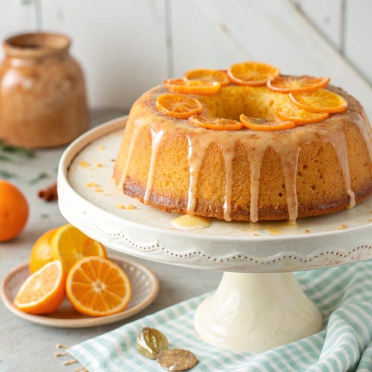 Orange Juice Cake with citrus glaze and orange garnish