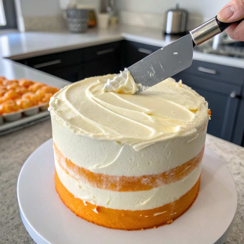 frosting-orange-creamsicle-cake.jpg Frosting an Orange Creamsicle Cake with spatula