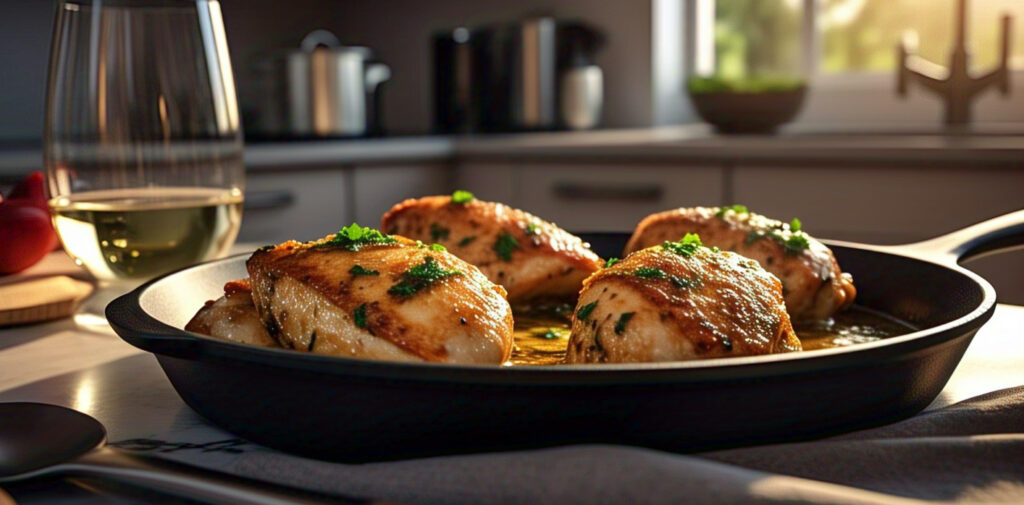 Garlic butter chicken breast cooked in a cast iron skillet with fresh parsley and golden garlic sauce.
