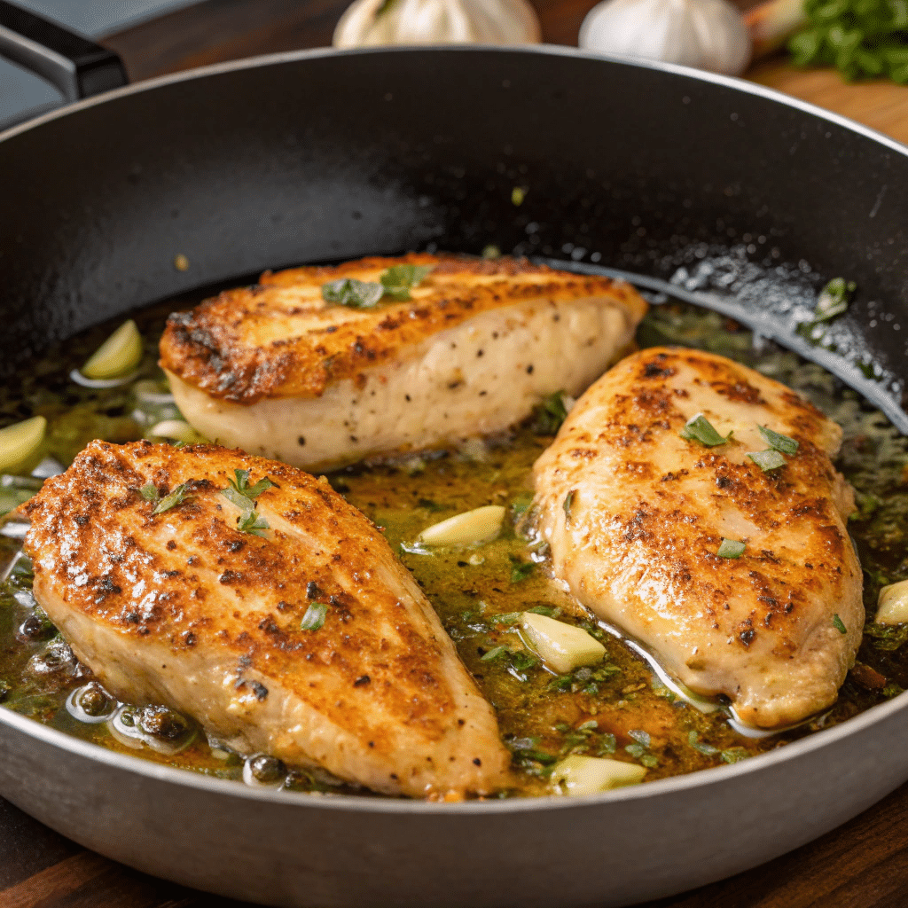 Easy Chicken Recipes: Garlic Butter Chicken Breast 4 Cooking garlic butter chicken breasts in a skillet until golden and crispy.