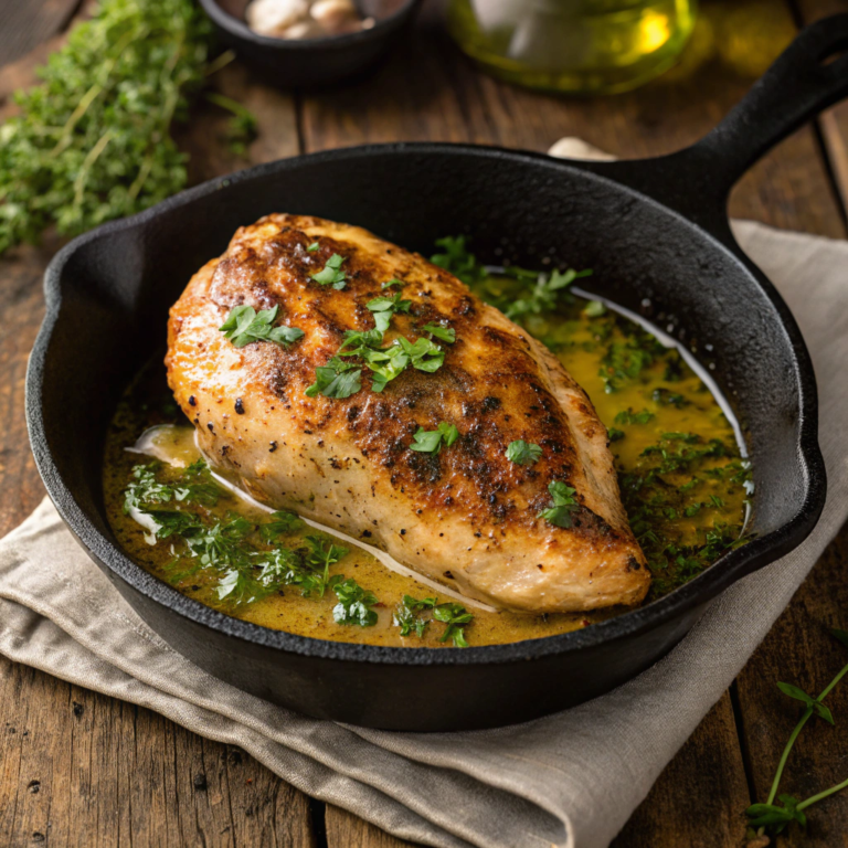 Garlic butter chicken breast cooked in a cast iron skillet with fresh parsley and golden garlic sauce.