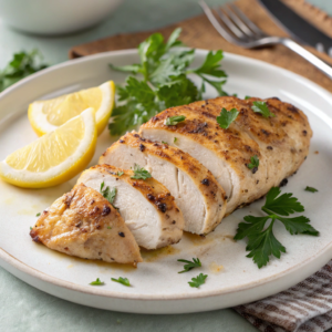 Easy Chicken Recipes: Garlic Butter Chicken Breast 2 Sliced garlic butter chicken breast served with parsley and lemon on a white plate.