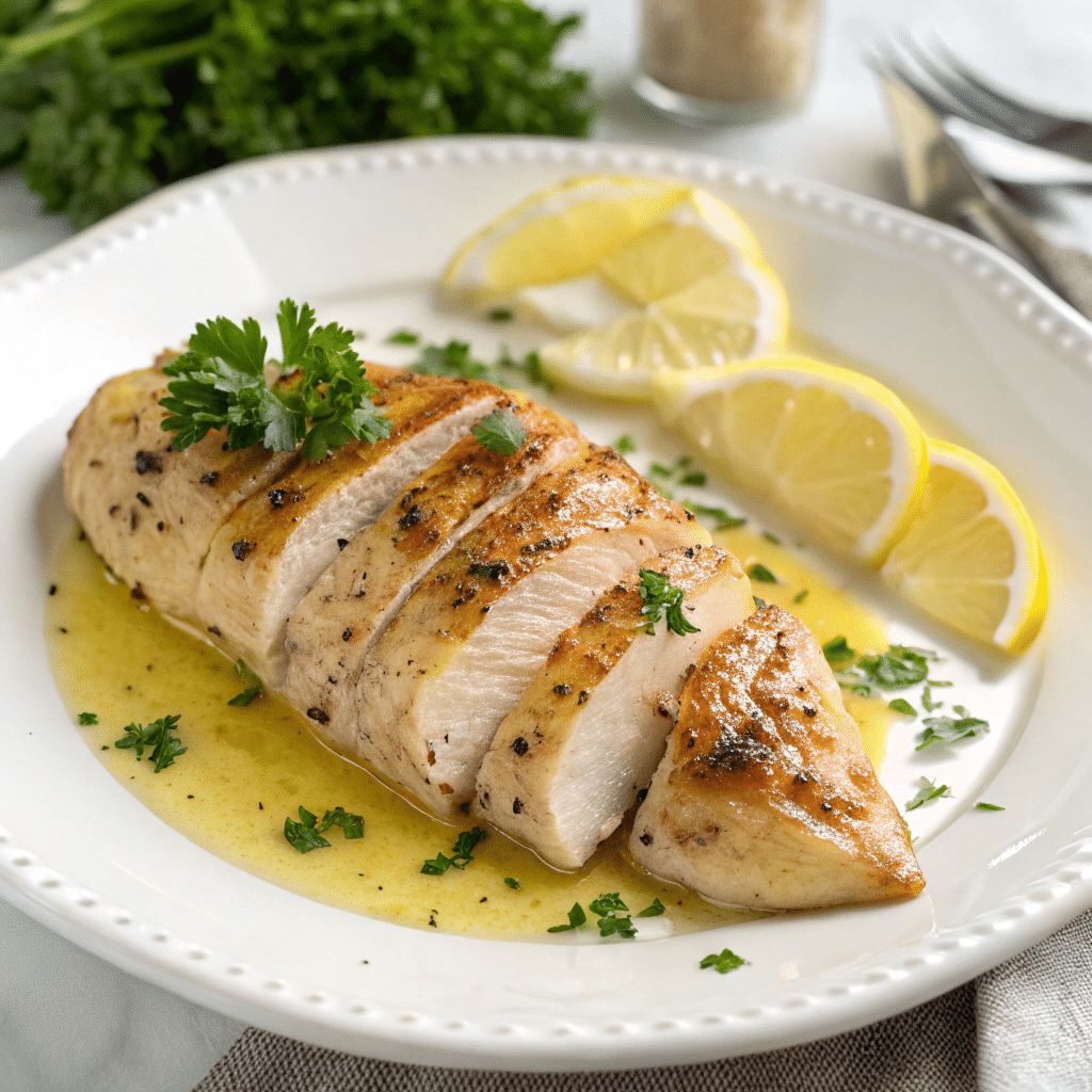 Easy Chicken Recipes: Garlic Butter Chicken Breast 5 Sliced garlic butter chicken breast served with parsley and lemon on a white plate.