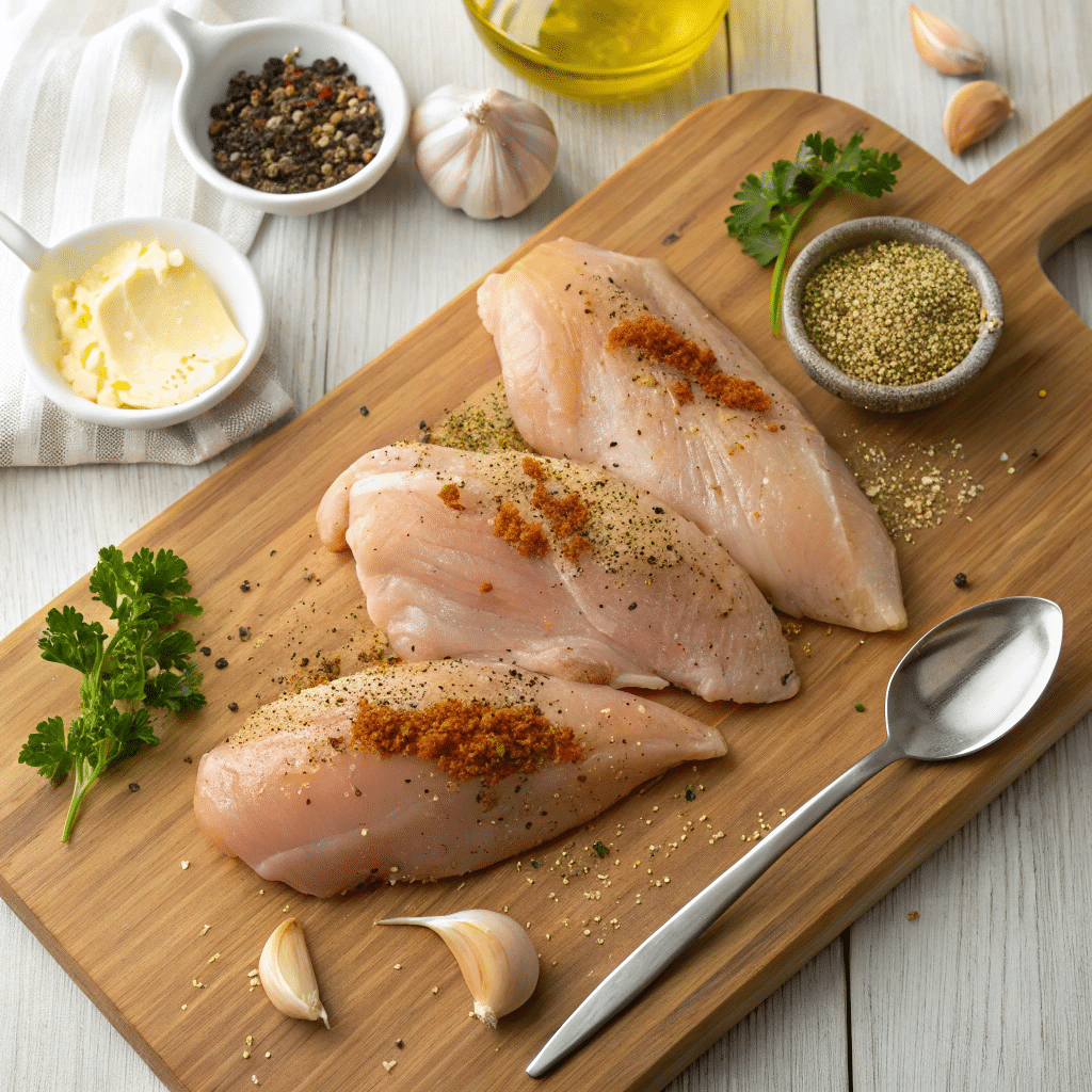 Easy Chicken Recipes: Garlic Butter Chicken Breast 3 Ingredients for garlic butter chicken including raw chicken breasts, spices, butter, and fresh herbs.