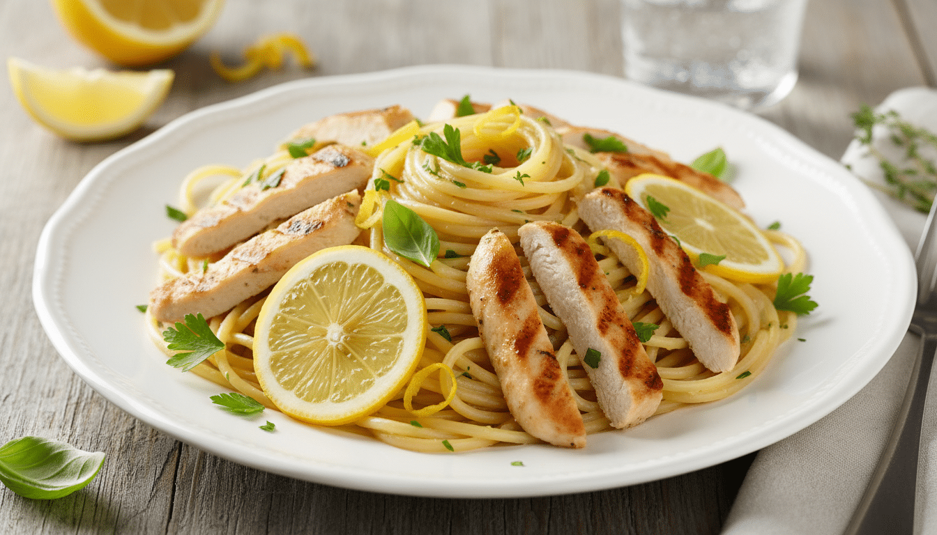 Lemon herb chicken pasta with spaghetti and fresh parsley.