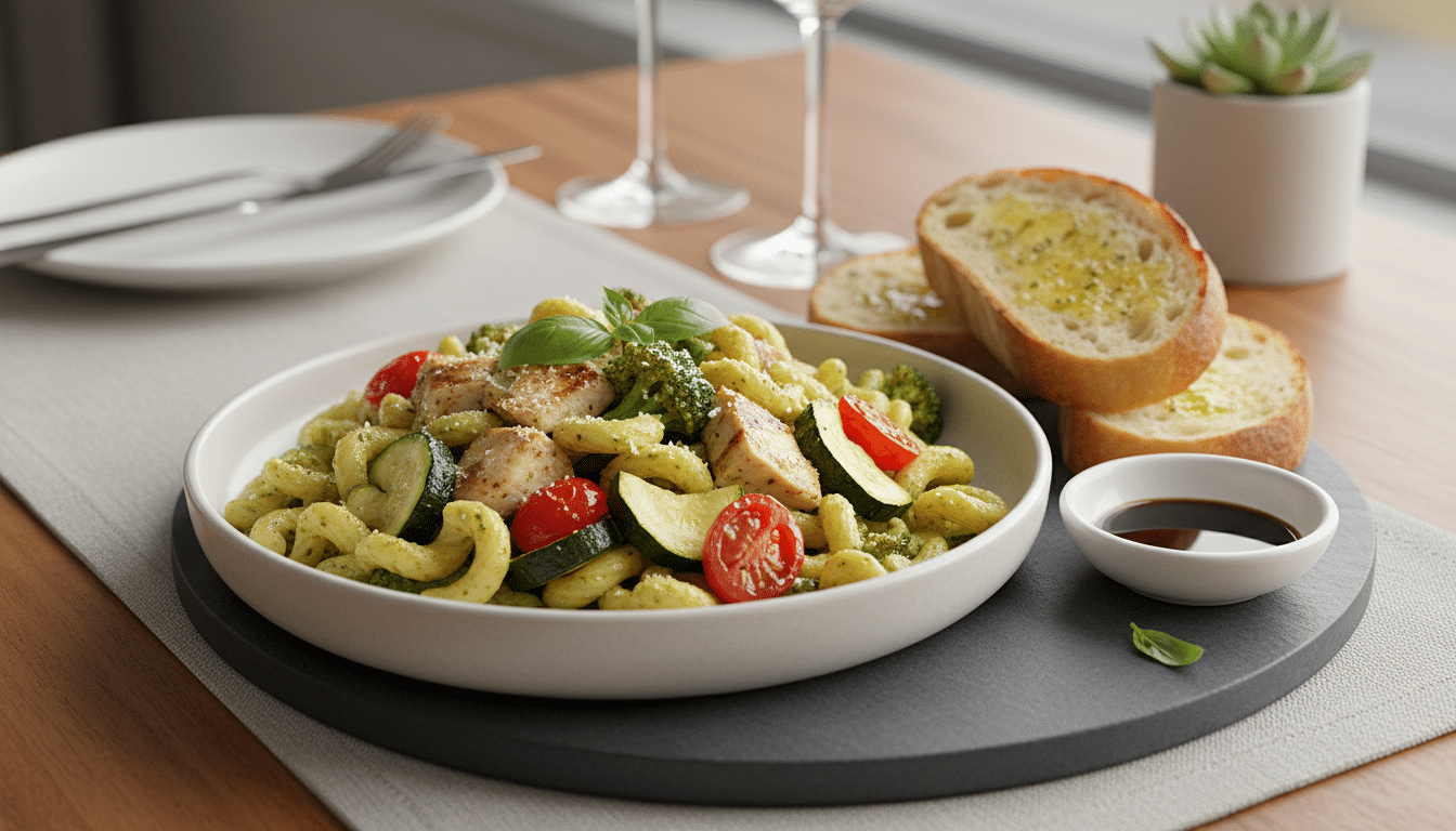 A vibrant chicken and pasta dish with roasted vegetables and pesto sauce.