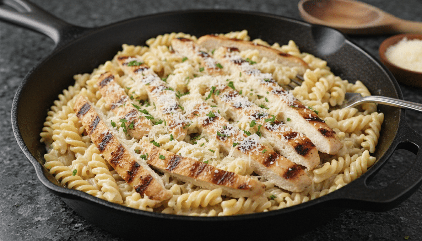 One-pot chicken Alfredo pasta in a skillet