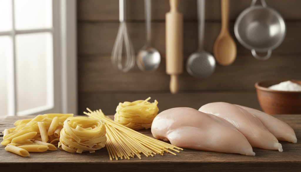 A variety of pasta types and raw chicken breasts displayed on a kitchen counter.