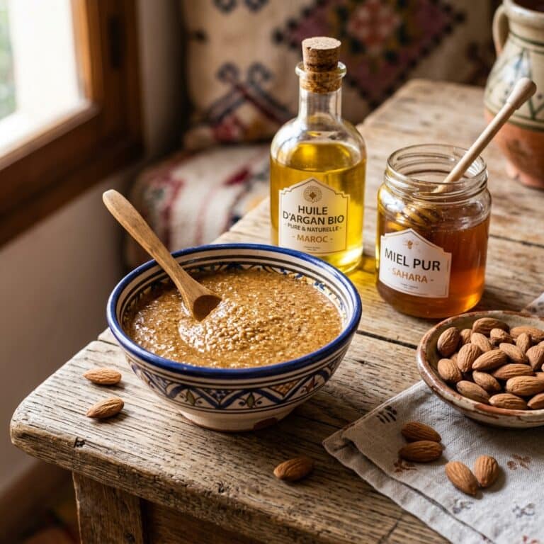 A bowl of amlou with almonds, honey, and argan oil.
