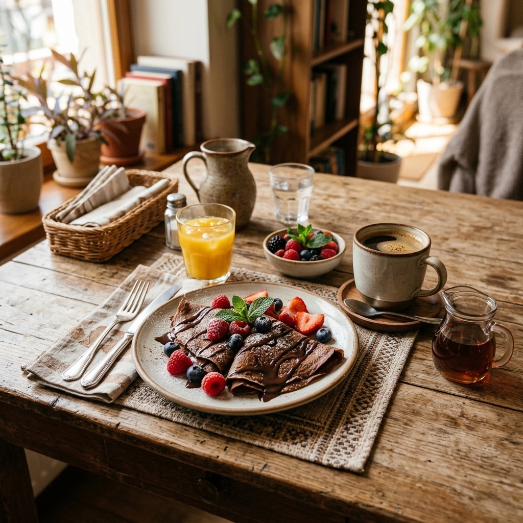 7 Chocolate Crepes: A Decadent Delight for Any Occasion 2 A breakfast table with chocolate crepes and coffee.