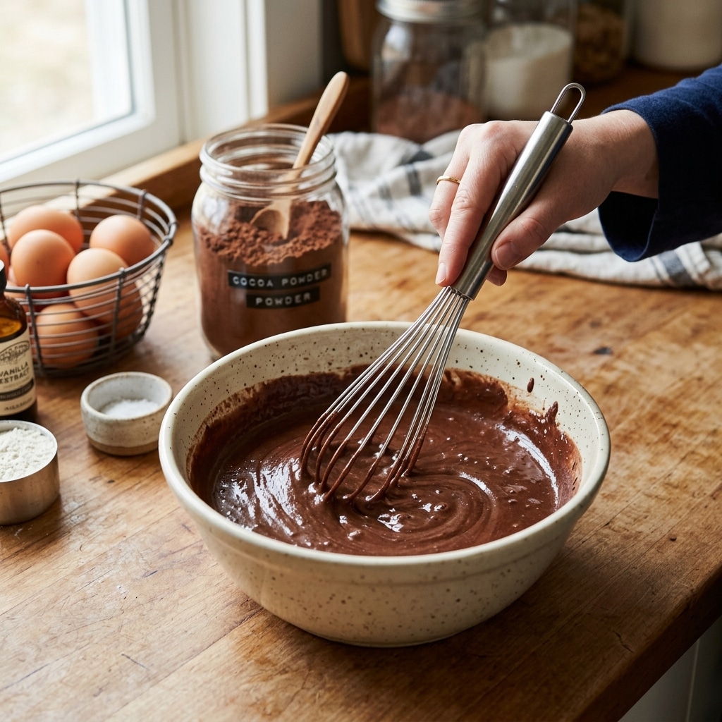 7 Chocolate Crepes: A Decadent Delight for Any Occasion 3 Chocolate crepe batter being whisked in a bowl.