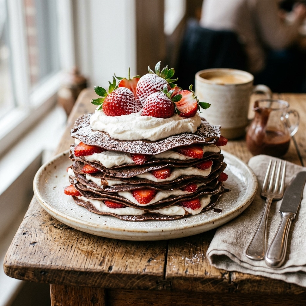 7 Chocolate Crepes: A Decadent Delight for Any Occasion 1 A stack of chocolate crepes topped with strawberries and whipped cream.