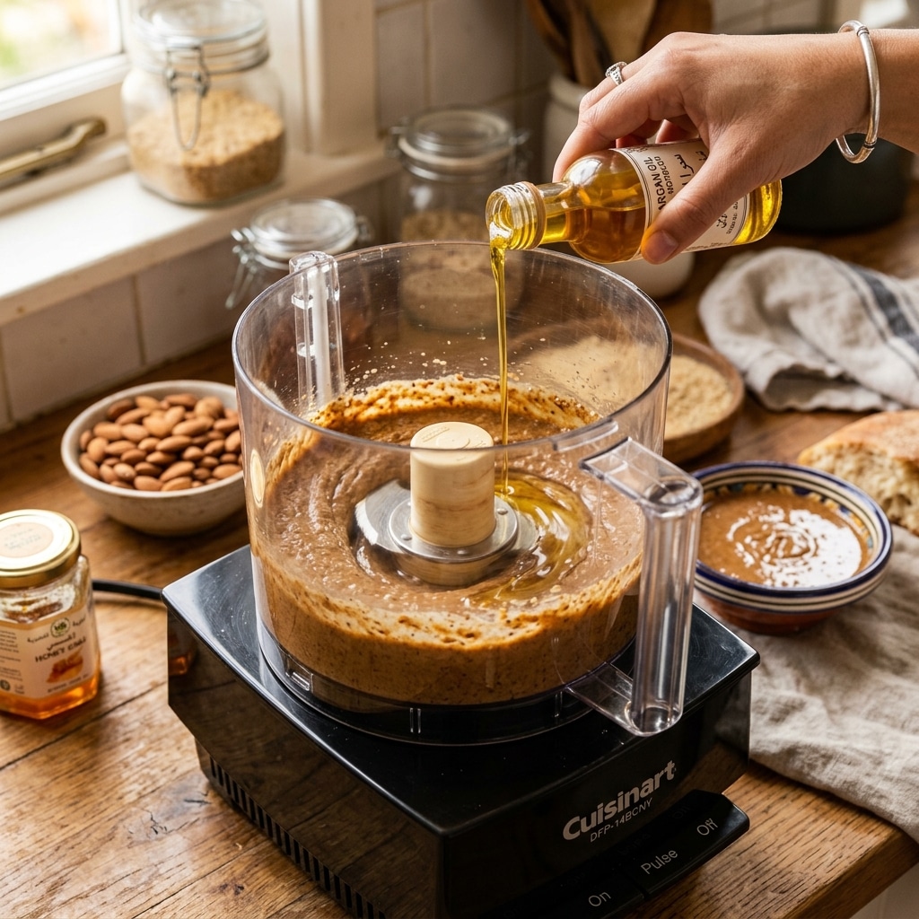 A food processor blending almonds into a creamy amlou paste.