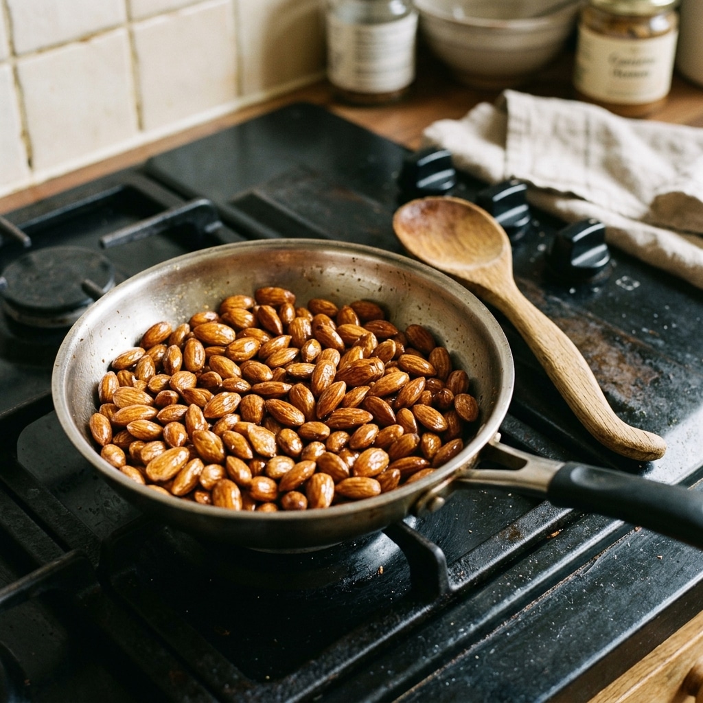 Roasted almonds in a pan, ready for blending.
