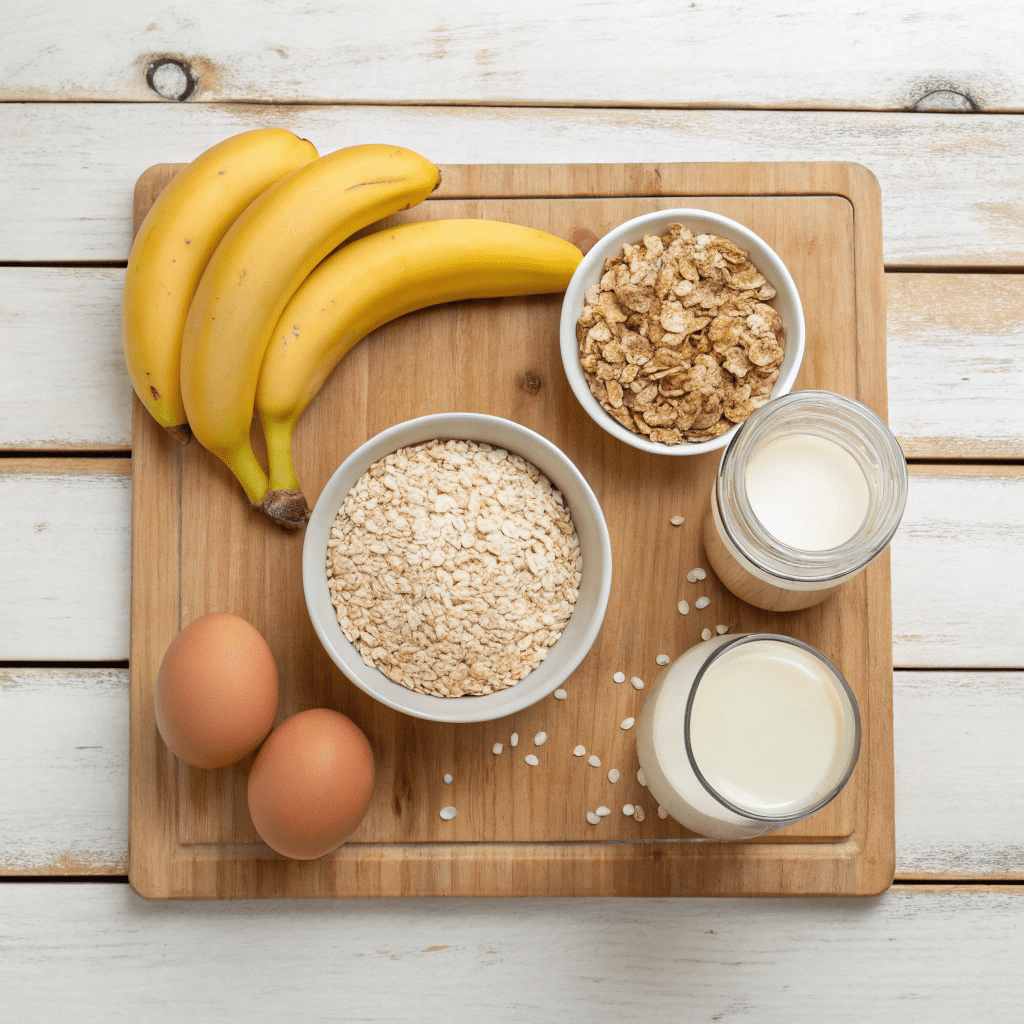 Fresh ingredients for banana oatmeal pancakes, including bananas, oats, and eggs.
