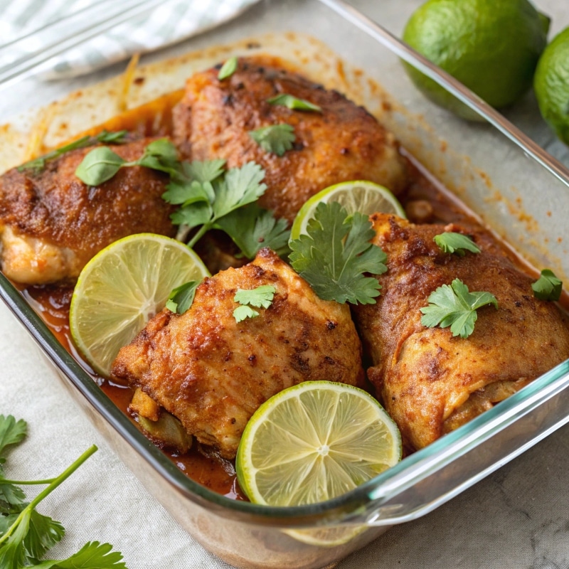Seasoned Chicken for Tacos Chicken marinated with taco seasoning and lime juice in a glass dish