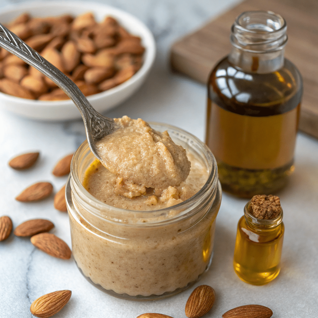 A spoonful of amlou showing its creamy, rich texture.