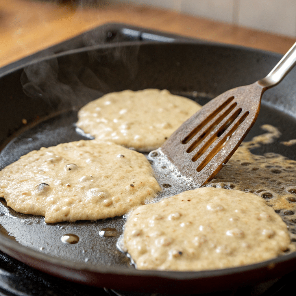 Banana oatmeal pancake batter cooking on a skillet.