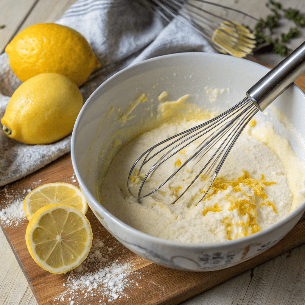 6 Lemon Ricotta Pancakes: Fluffy, Zesty and perfect for Breakfast 2 Lemon ricotta pancake batter in a mixing bowl with a whisk.