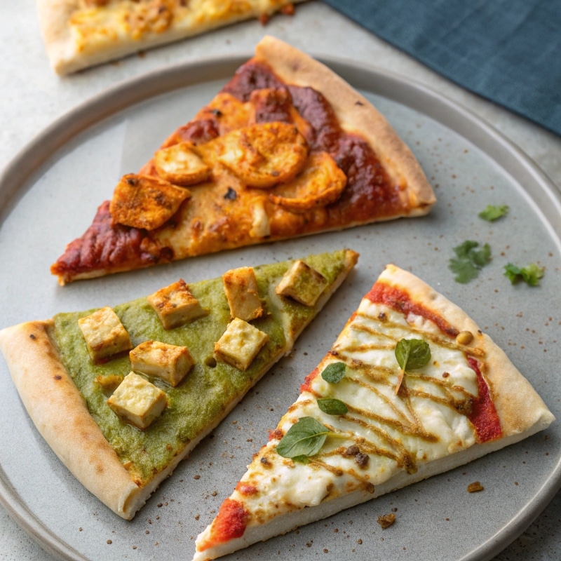 Three different curry pizza slices on a plate
