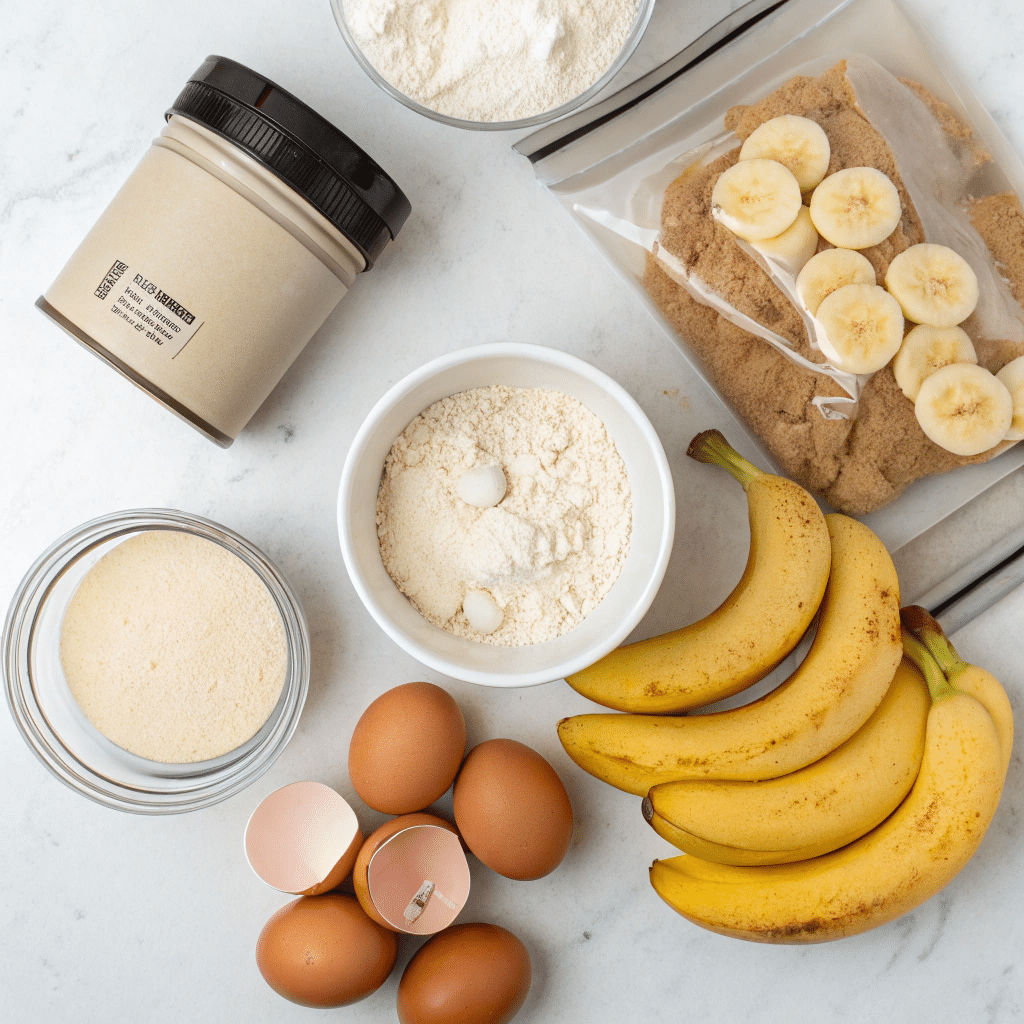 Ingredients for protein pancakes displayed on a countertop
