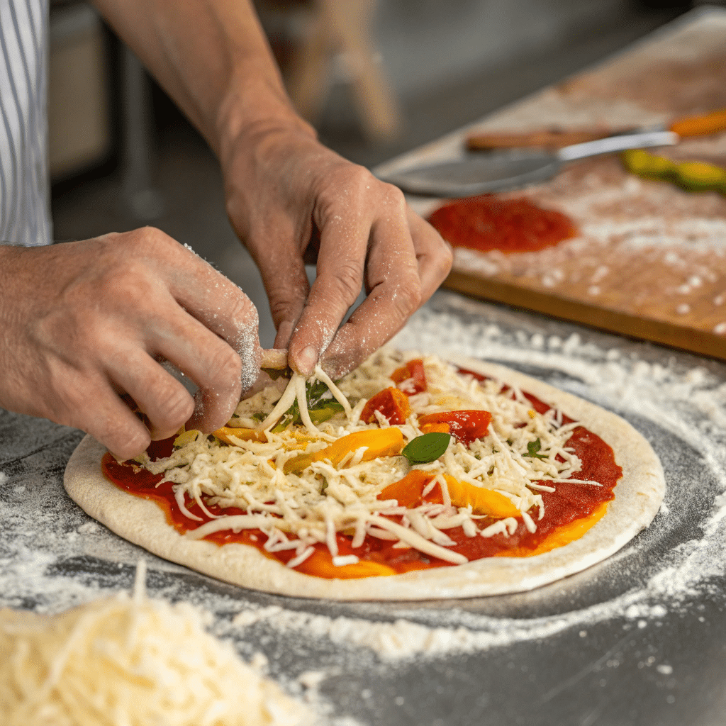 A partially assembled pizza with sauce, cheese, and veggies being added.