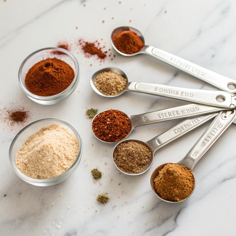 aco Seasoning Ingredients Individual spices for making chicken taco seasoning laid out on a kitchen counter.
