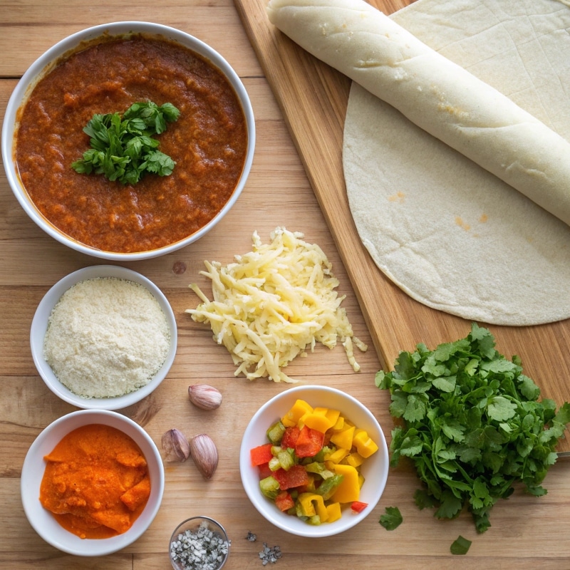 Steps to prepare curry pizza with ingredients laid out on a table