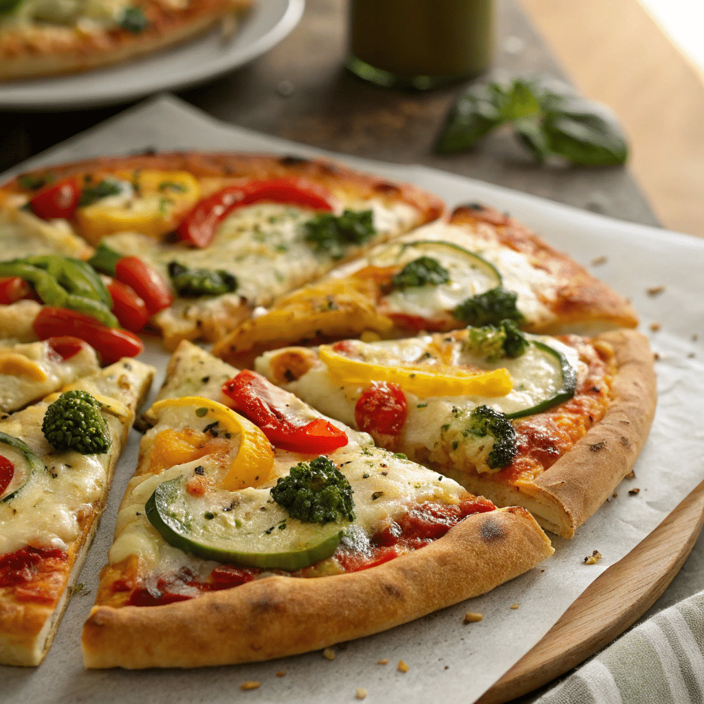 A fully baked veggie pizza sliced and served on a wooden board.