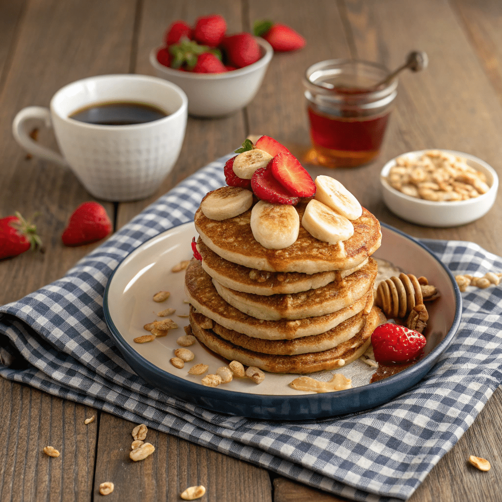 A perfectly stacked plate of banana oatmeal pancakes with fresh fruit toppings.