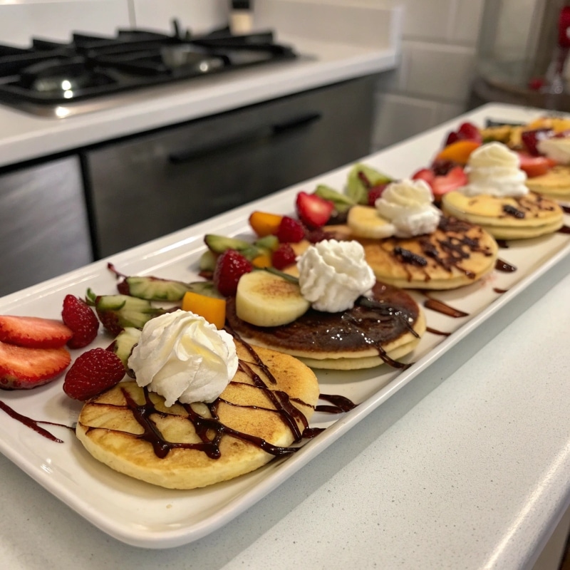 Mini Pancake Toppings An assortment of mini pancakes topped with whipped cream, fruits, and syrup.