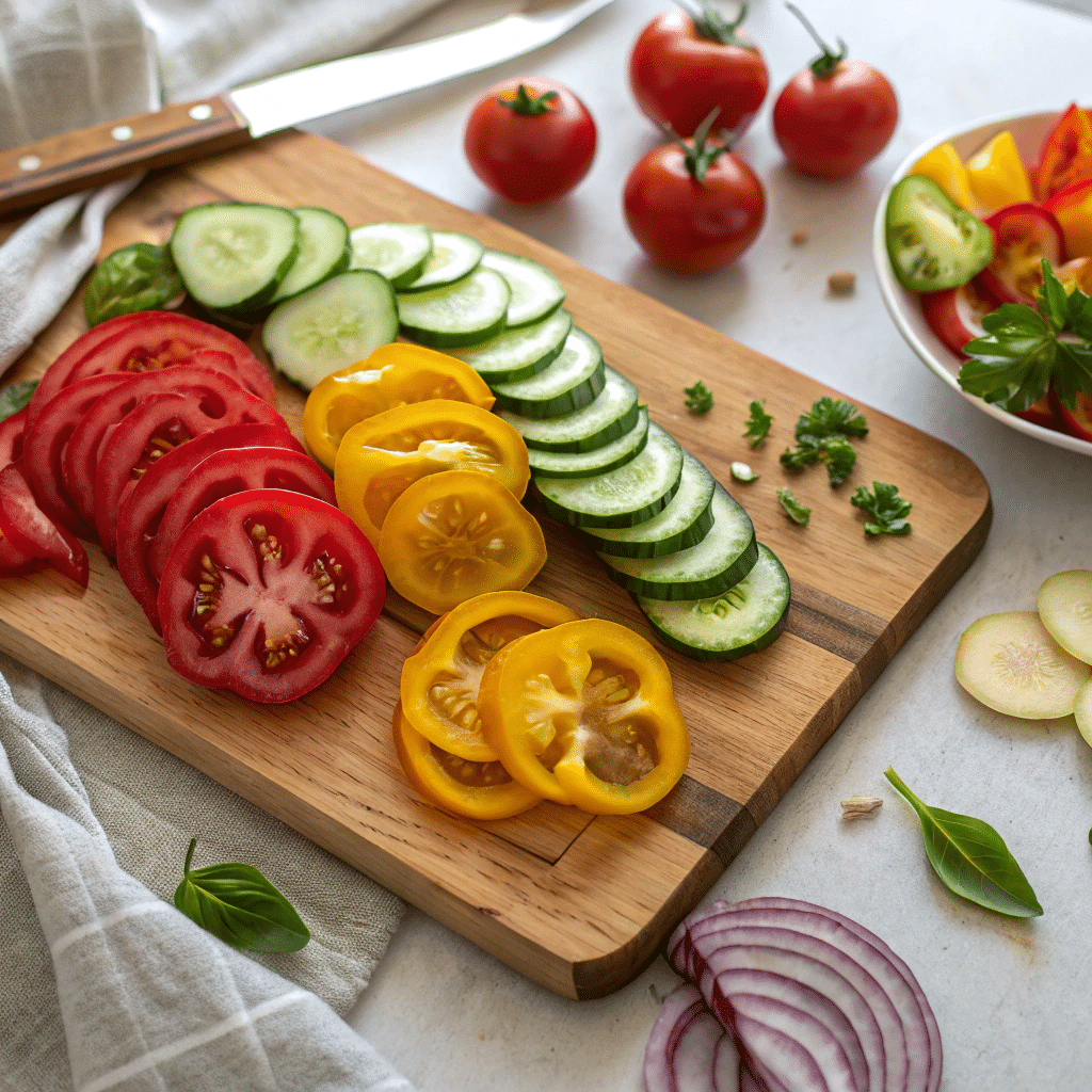 Freshly sliced vegetables arranged on a wooden cutting board.