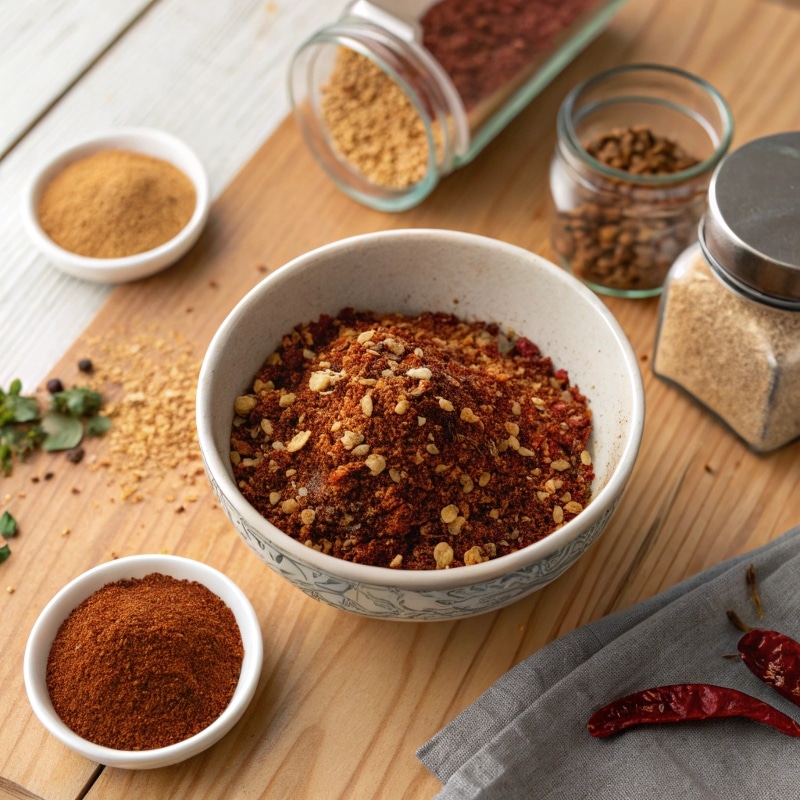 A bowl of homemade chicken taco seasoning recipe surrounded by colorful spices and herbs.