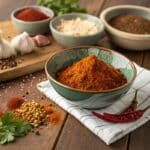 A bowl of homemade chicken taco seasoning surrounded by colorful spices and herbs.