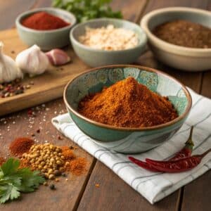 A bowl of homemade chicken taco seasoning surrounded by colorful spices and herbs.