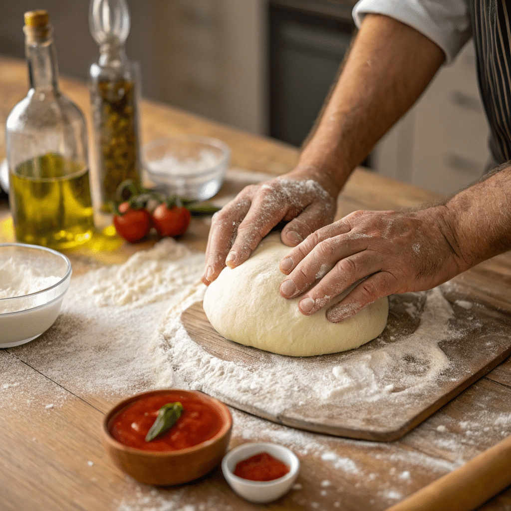 Hands kneading pizza dough on a floured countertop.