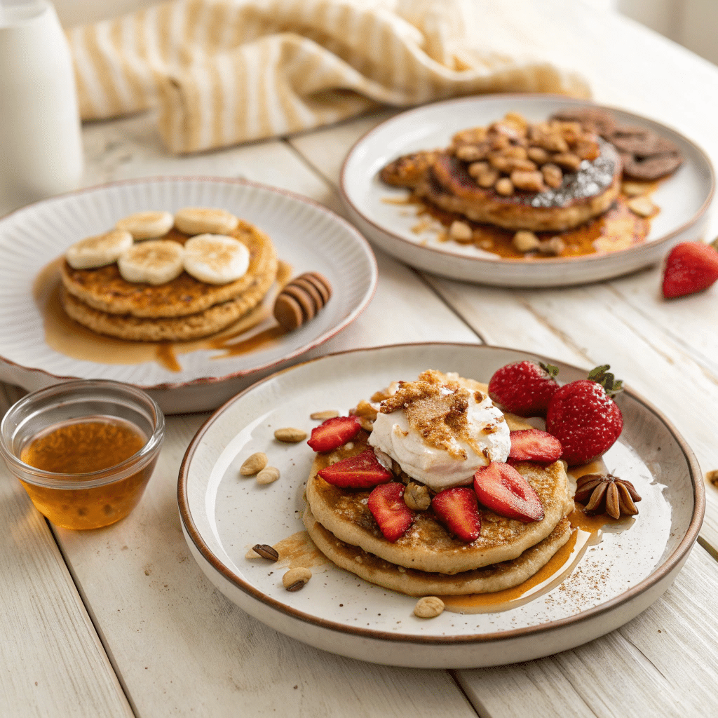 Three plates of banana oatmeal pancakes with different toppings