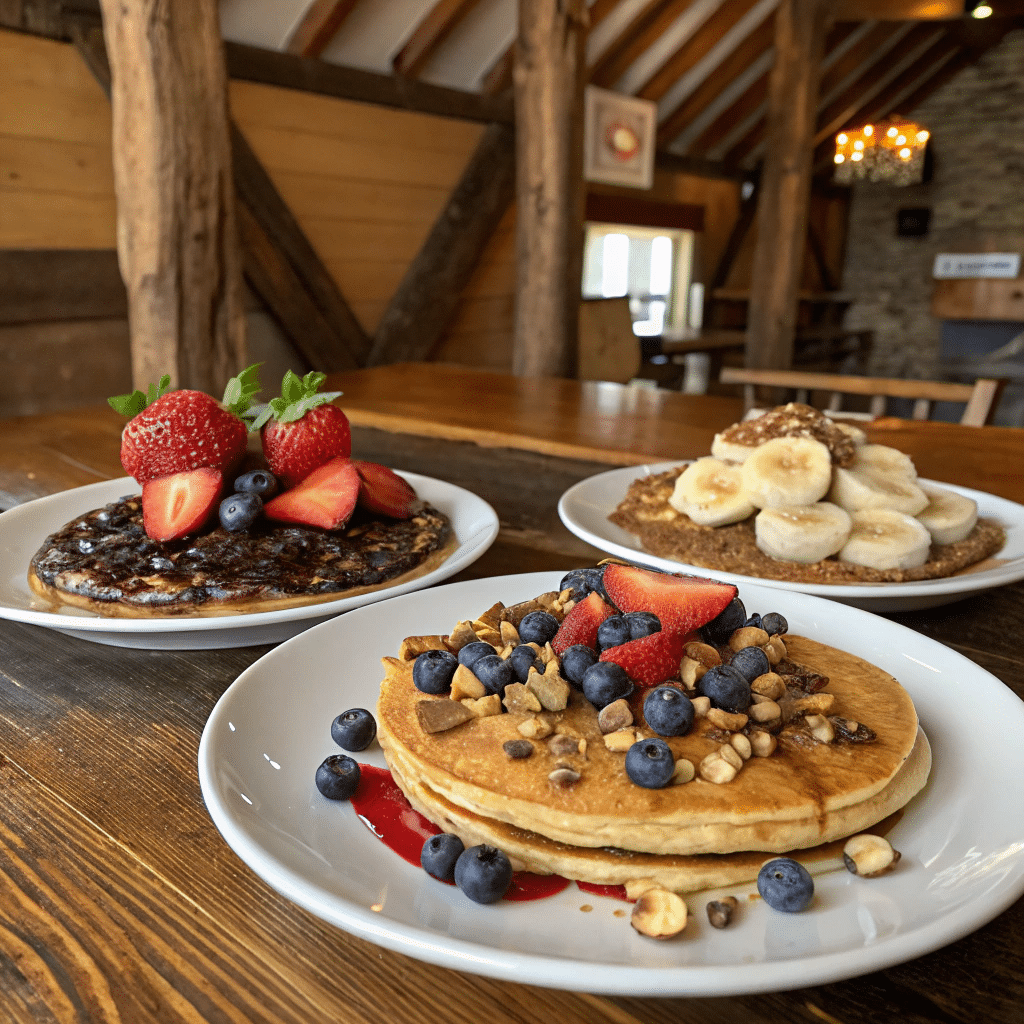 Three plates of protein pancakes with different toppings.