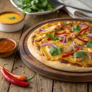 Curry pizza topped with chicken, bell peppers, and cilantro on a wooden platter.